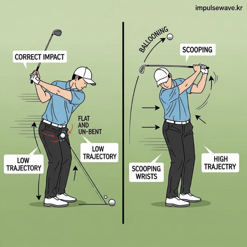 골프 스윙 중 손목이 일찍 풀려 헤드가 먼저 나가는 스쿠핑 동작과 그로 인해 공이 높게 뜨는 잘못된 궤적 비교 그림