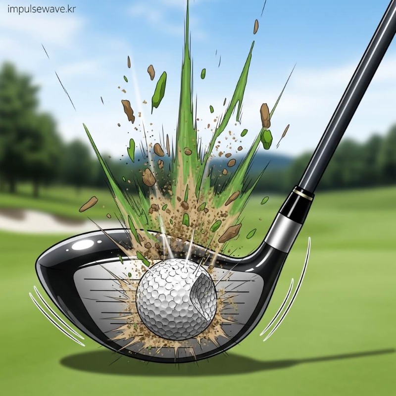 골프 클럽이 공을 타격하는 임팩트 순간을 클로즈업하여, 손이 헤드보다 앞서 나가는 핸드퍼스트 자세를 강조한 이미지