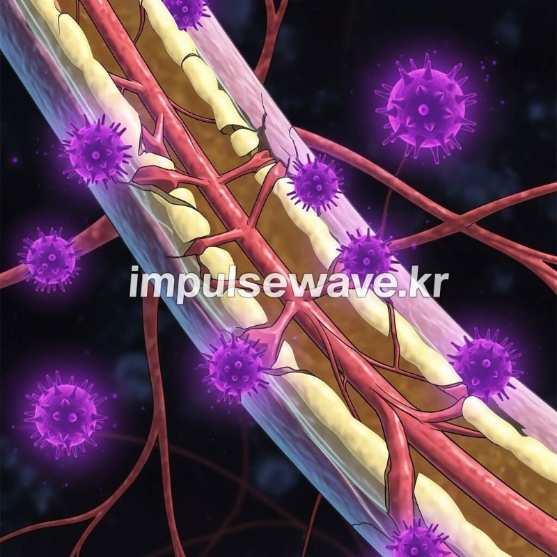 알코올 독소가 인체 내부의 신경세포 미엘린 막을 공격하여 손상시키는 과정을 확대한 의학적 그래픽