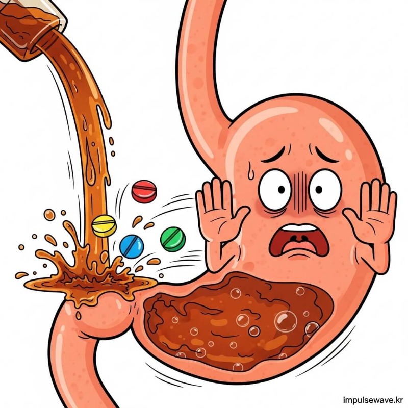 술병이 비타민 B1과 마그네슘 영양소를 몸 밖으로 쫓아내는 모습을 형상화한 인포그래픽