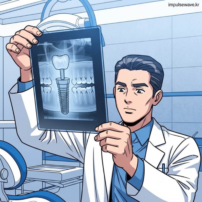 치과 엑스레이 필름을 보고 있는 의사의 뒷모습과 임플란트 모형이 놓인 진료실 풍경