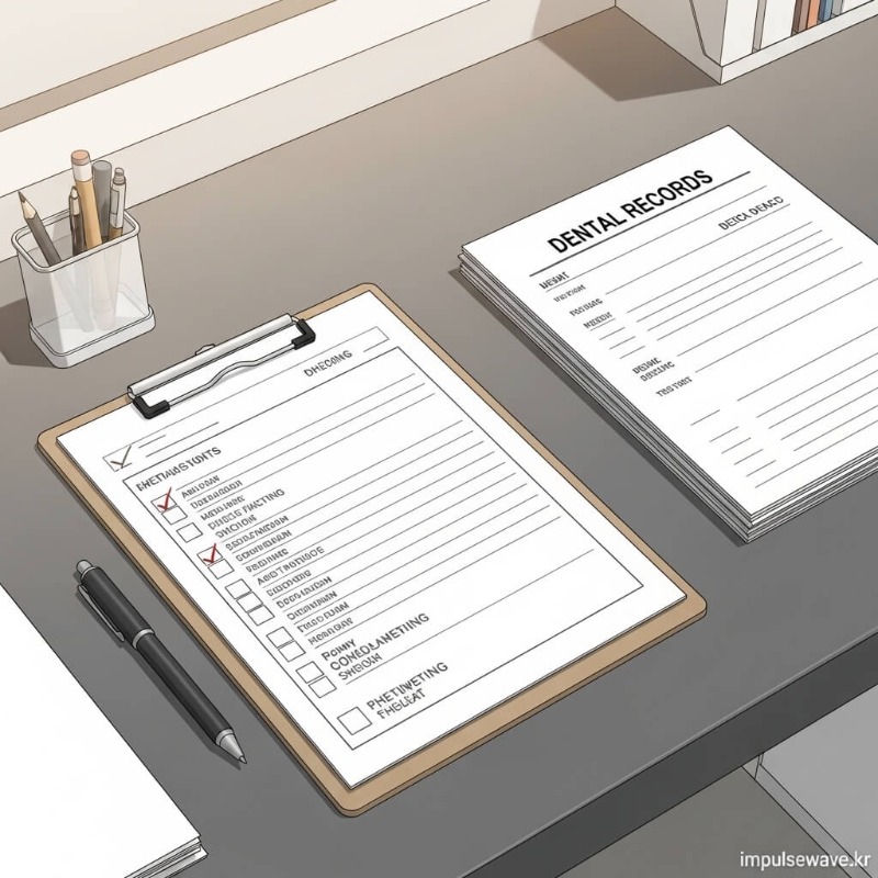 책상 위에 치과치료확인서, 진료비 영수증, 신분증이 가지런히 놓여 있고 체크 표시가 된 이미지