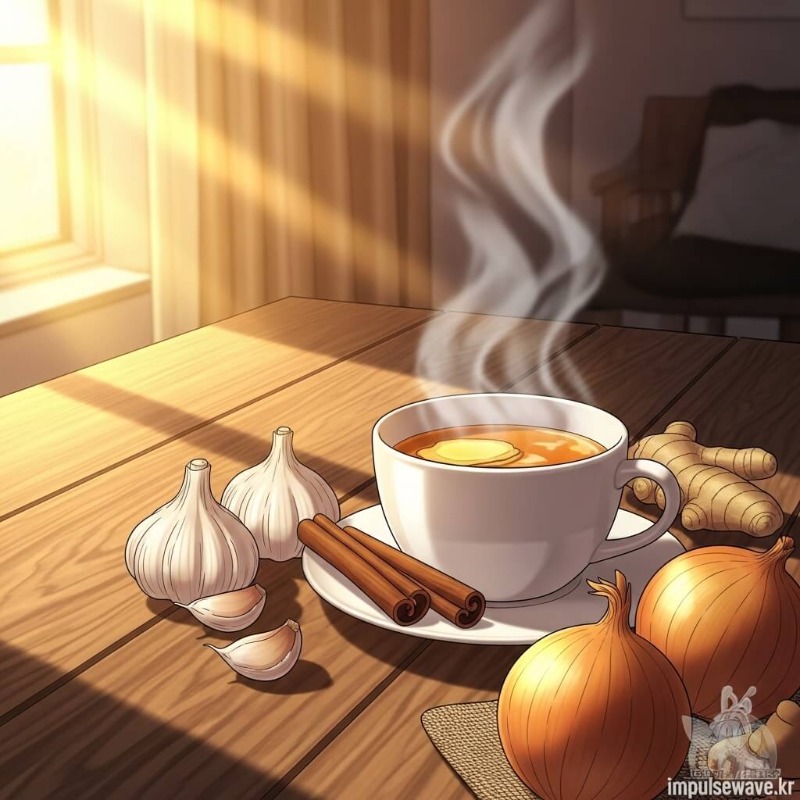 생강차, 대추차, 마늘, 양파 등 몸을 따뜻하게 해주는 식재료들이 테이블 위에 예쁘게 놓여 있는 사진