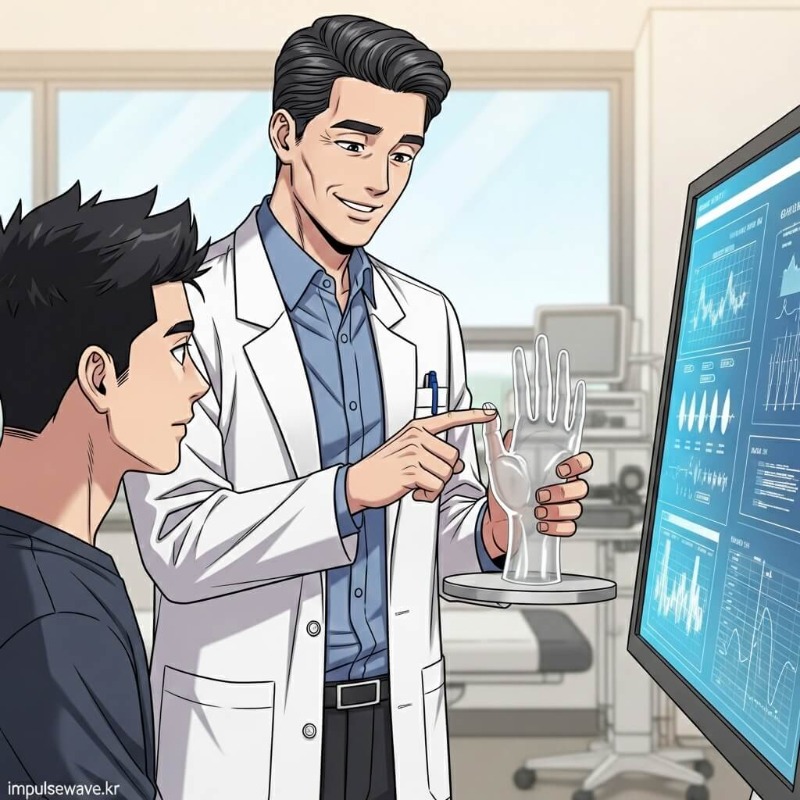 의사가 환자의 손을 진찰하고 상담하는 모습, 배경에는 엑스레이나 차트가 있는 진료실 풍경