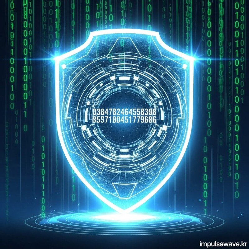 보안 방패 아이콘이 그려져 있고, 무작위 숫자가 생성되는 디지털 보안 시스템 이미지
