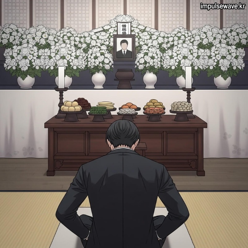 영정 사진 앞에서 무릎을 꿇고 향을 피우거나 절을 하는 조문객의 뒷모습
