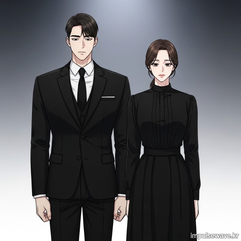 남성과 여성의 올바른 장례식 조문 복장 예시, 검은 정장과 어두운 캐주얼 복장을 비교한 그림