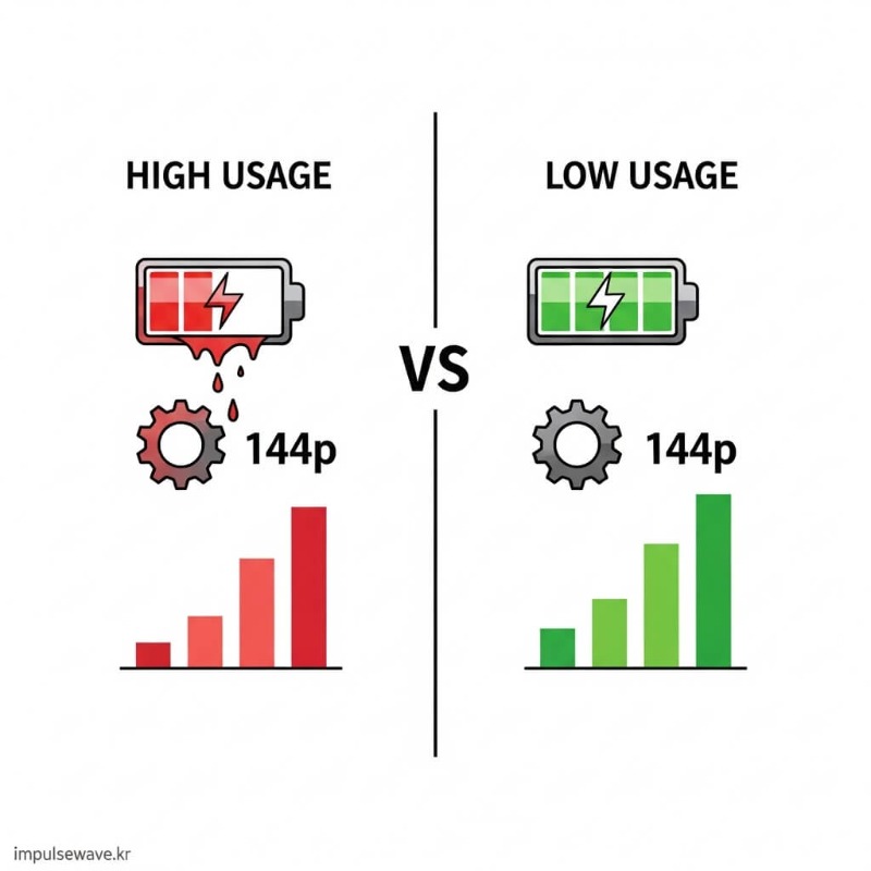 데이터 절약을 위해 유튜브 화질 설정 메뉴에서 1080p 대신 144p를 선택하는 화면 비교 이미지