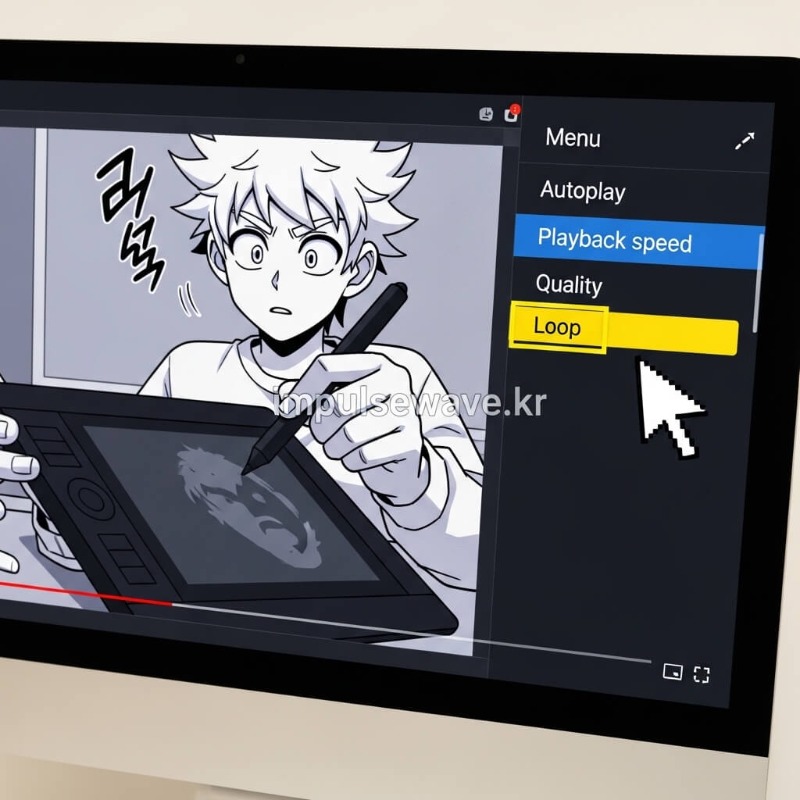 PC 모니터 화면 속 유튜브 영상 위에서 마우스 오른쪽 버튼을 클릭하여 