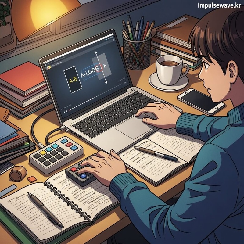 크롬 확장 프로그램 Looper for YouTube가 적용된 화면, A지점과 B지점을 설정하여 특정 구간을 반복하는 모습