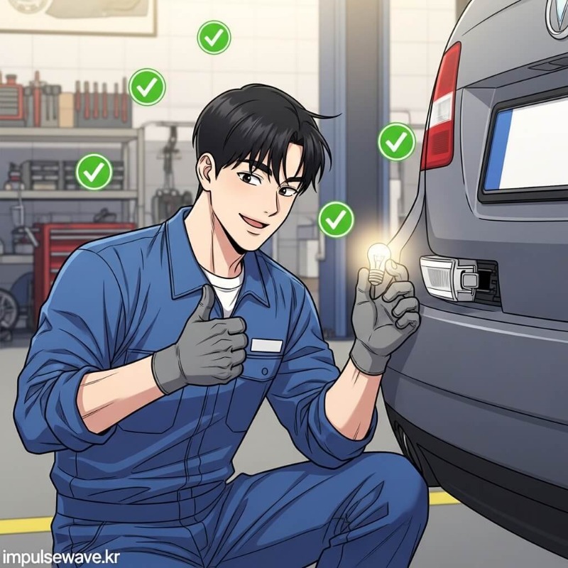 정비사가 차량 뒤편에서 브레이크등과 번호판 등을 점검하고 체크리스트에 표시하는 모습