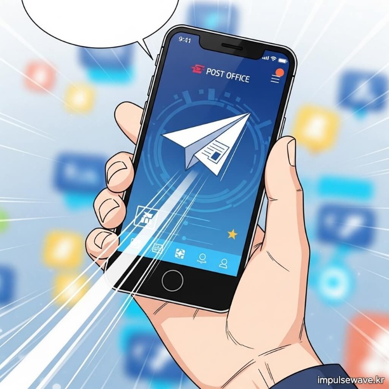 스마트폰 우체국 뱅킹 앱 화면에서 증명서 발급 버튼을 누르고 팩스 전송을 선택하는 손가락