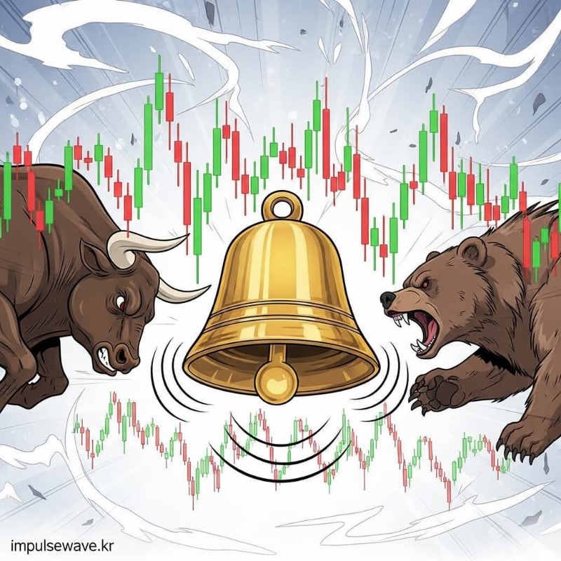 장 시작 종(Opening Bell)이 울리자마자 그래프가 요동치는 모습과 황소(상승)와 곰(하락)의 대결