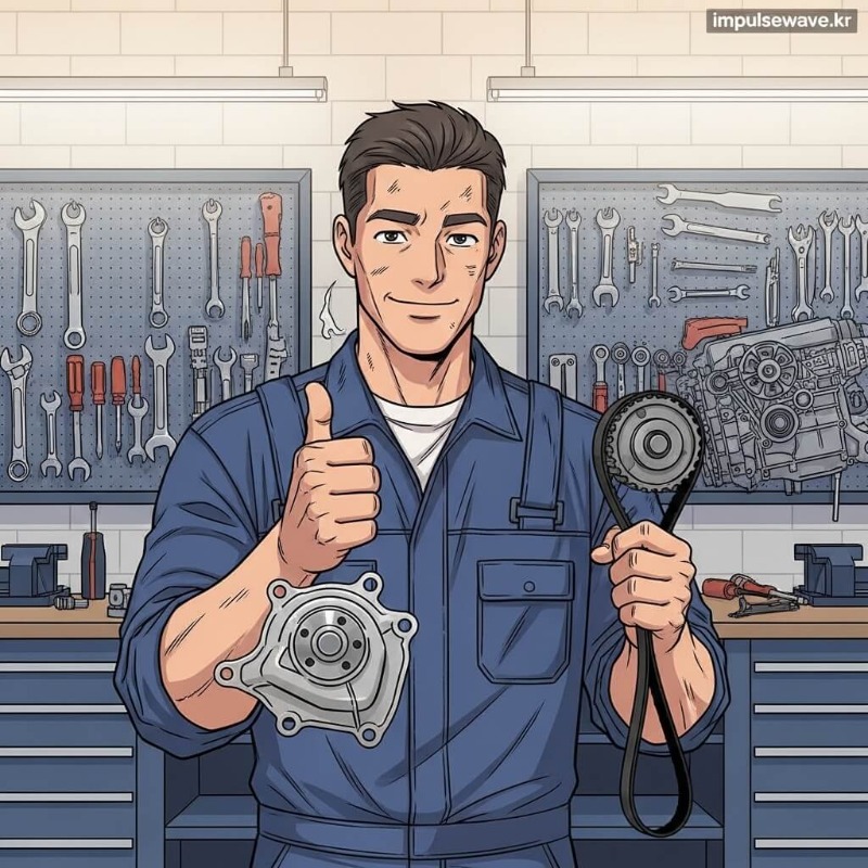 정비사가 타이밍벨트와 워터펌프, 텐셔너 등 세트 부품을 교체하고 있는 정비소 현장 이미지