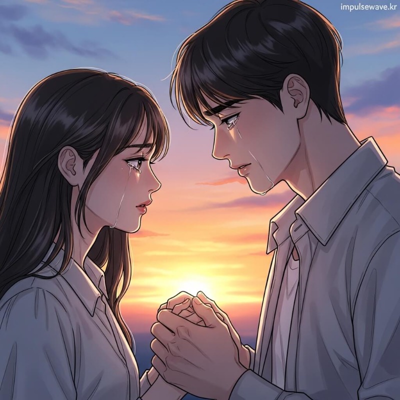 노을이 지는 배경에서 서로를 아련하게 바라보는 연인의 모습, 애틋한 감정을 시각화한 그림