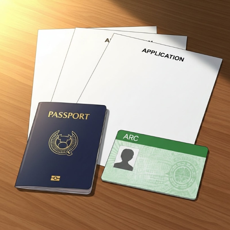 여권, 외국인등록증, 통합신청서 등 비자 연장 및 취업 허가에 필요한 서류들이 책상 위에 정리된 모습