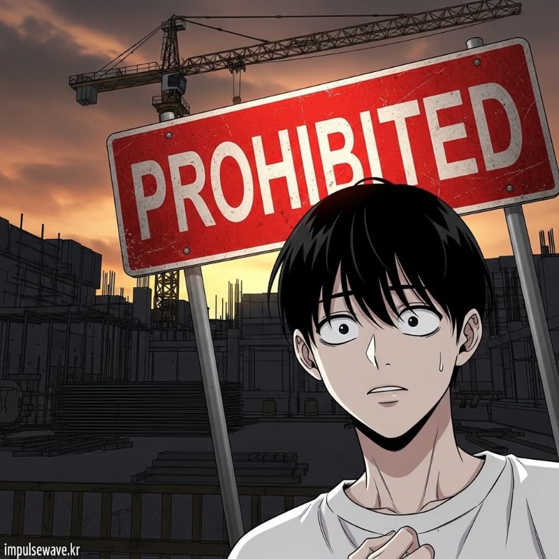 건설 현장 배경에 붉은색 금지 표지판이 크게 떠 있고 경고 문구가 적힌 일러스트