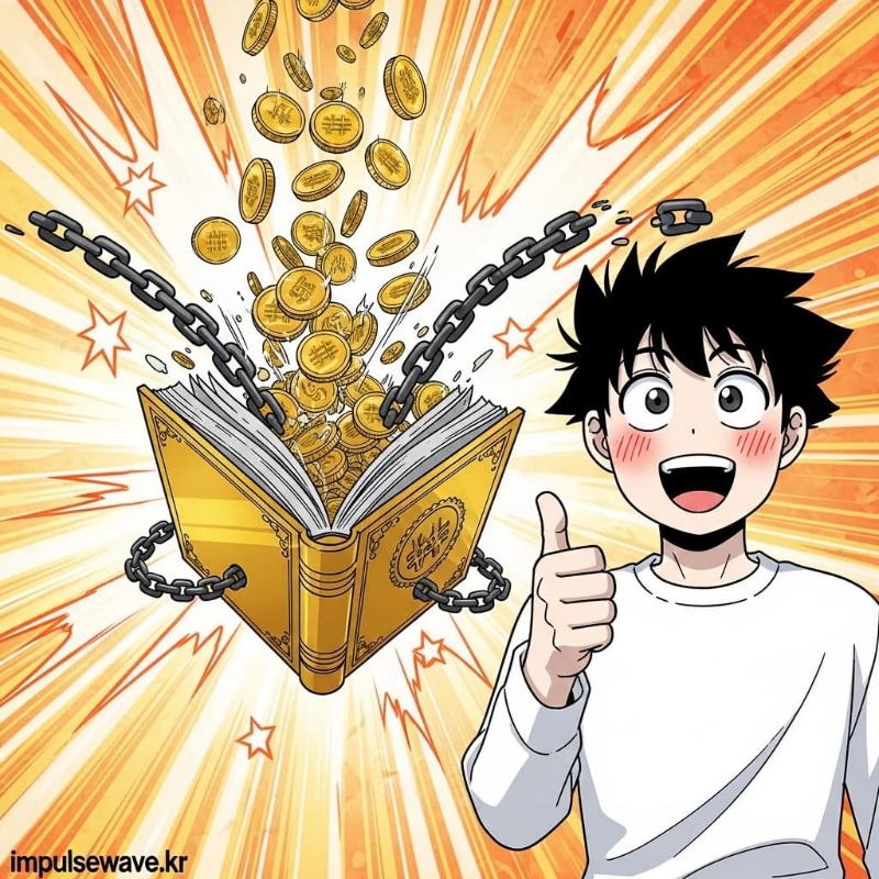 족쇄가 풀린 통장에서 금화가 자유롭게 쏟아져 나오고, 사용자가 스마트폰으로 큰 금액을 이체하며 웃는 모습