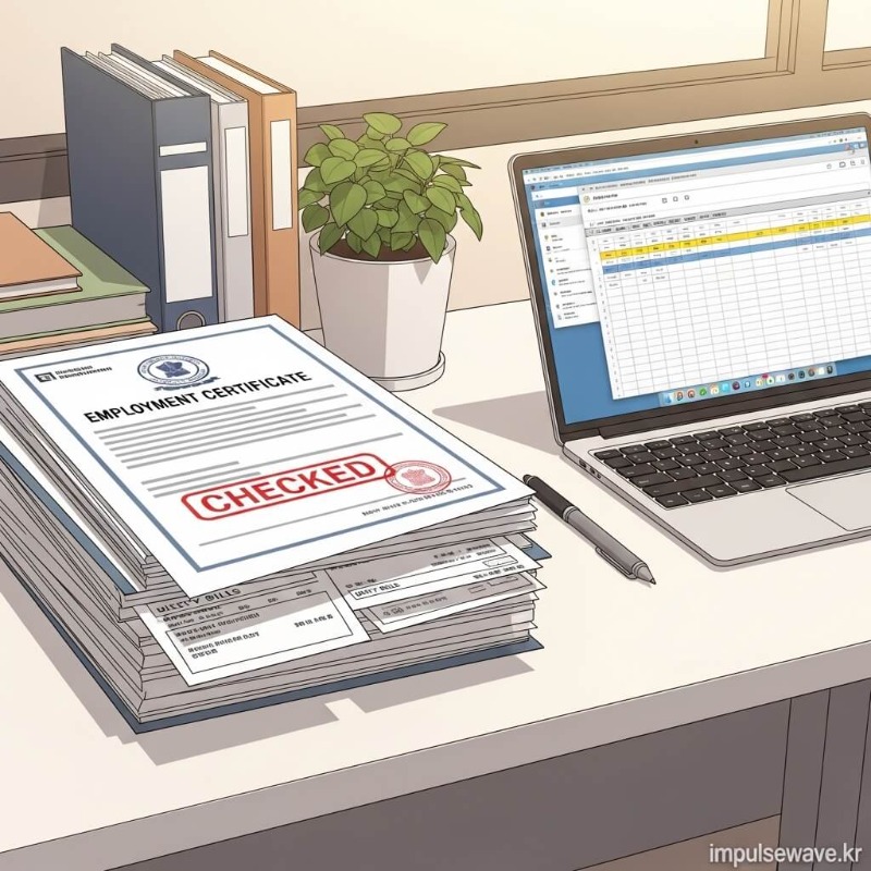 직장인 재직증명서, 사업자등록증, 공과금 납부 영수증 등 한도 해제에 필요한 서류들이 테이블에 펼쳐진 모습