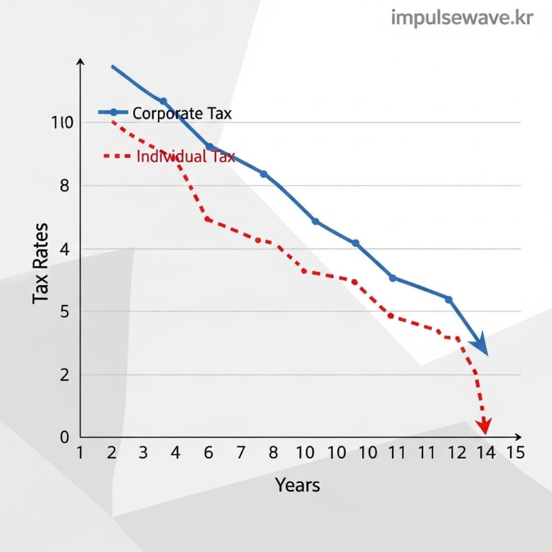 계단식으로 내려가는 세금 그래프, 10년을 기점으로 30%에서 40%로 뚝 떨어지는 모습 강조
