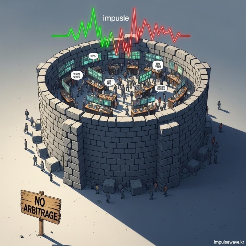 높은 벽으로 둘러싸인 한국 금융 시장 안에서 금과 코인이 거래되고, 벽 밖에는 