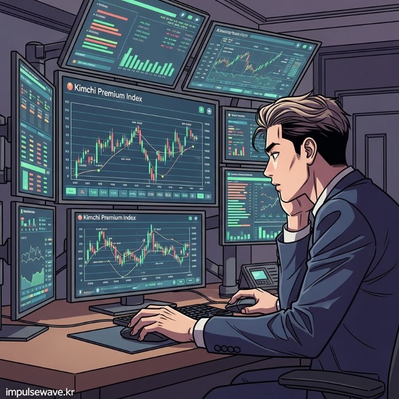 투자자가 여러 개의 모니터를 통해 김치 프리미엄 지수와 차트를 분석하며 매수 버튼을 누르려는 신중한 모습