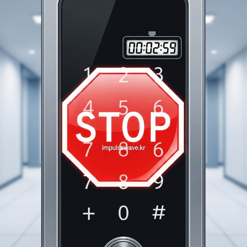 도어락 키패드에 빨간색 경고등이 들어온 모습과 시계가 3분을 가리키는 이미지