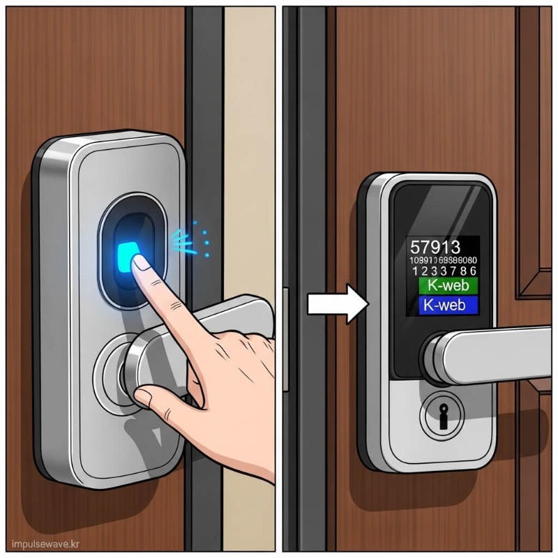 삼성 도어락의 웰컴 기능과 게이트맨 도어락의 손바닥 터치 방식을 비교한 인포그래픽