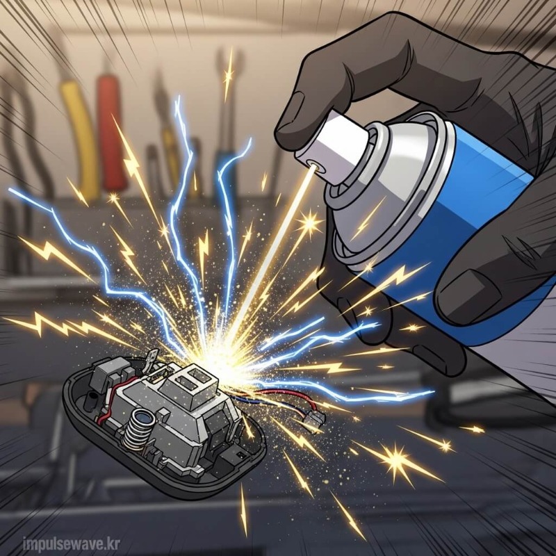 마우스 내부 스위치에 접점 부활제를 뿌리거나 버튼을 연타하여 정전기를 제거하는 자가 수리 일러스트