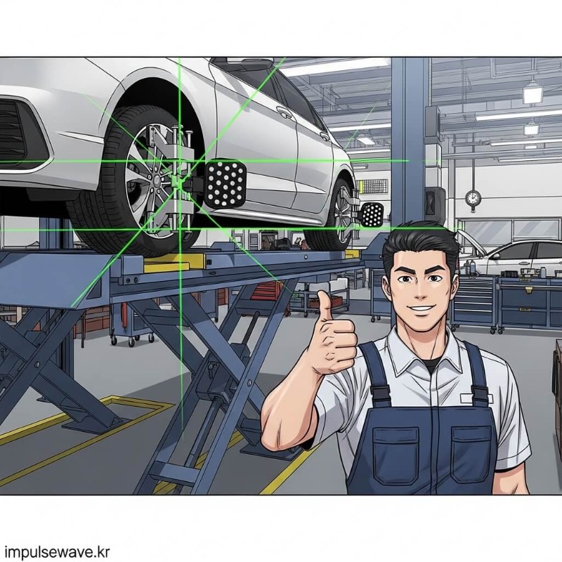 자동차 정비소 리프트 위에서 레이저 장비로 휠 얼라인먼트를 교정하는 정비사의 모습