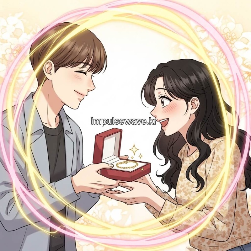웃는 얼굴의 누군가가 예쁜 상자에 담긴 금팔찌를 건네주는 장면, 배경에 아기 천사가 날아다님