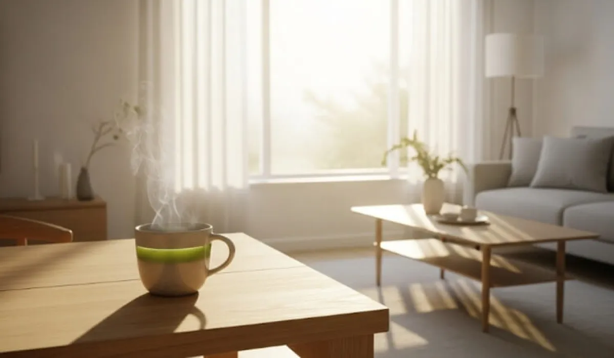 창가에 놓인 따뜻한 차 한잔 위로 아침 햇살이 비치는 모습