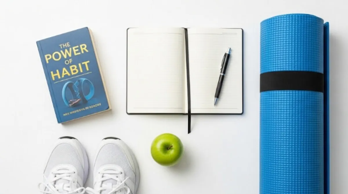 아침 루틴에 활용되는 일기장, 요가매트, 책, 운동화