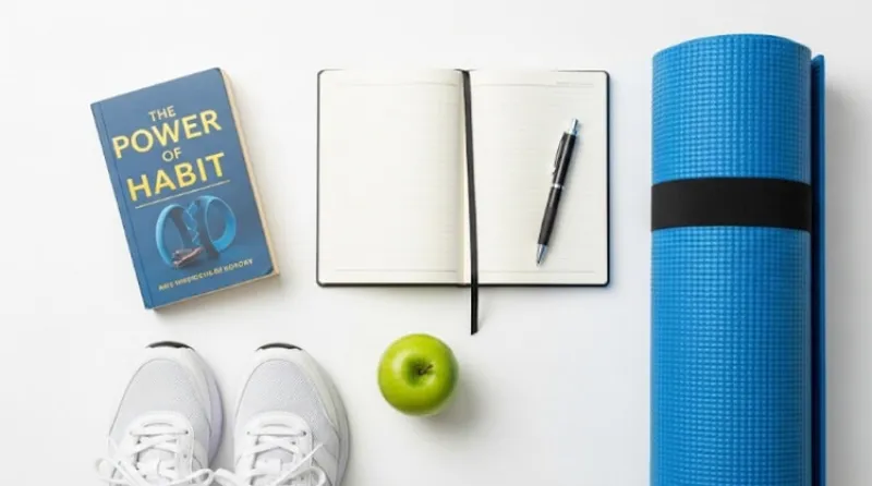 아침 루틴에 활용되는 일기장, 요가매트, 책, 운동화