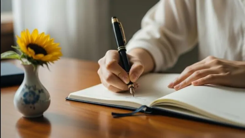 차분한 아침에 감사 일기를 작성하는 여성의 손