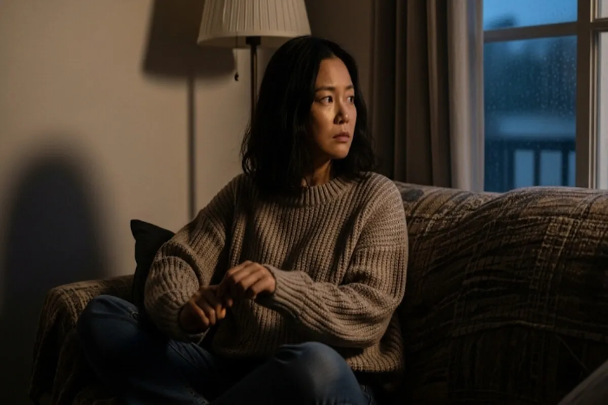 일요일 저녁 소파에 앉아 창밖을 보며 걱정하는 사람
