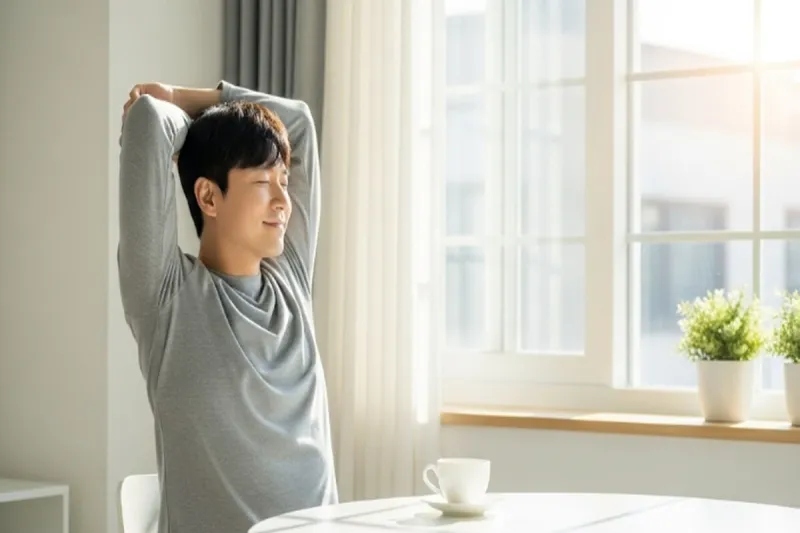 햇살이 비치는 창가에서 스트레칭을 하며 여유롭게 월요일 아침을 시작하는 모습