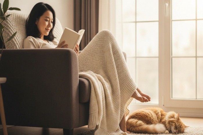 편안한 의자에 앉아 담요를 덮고 책을 읽으며 휴식하는 모습
