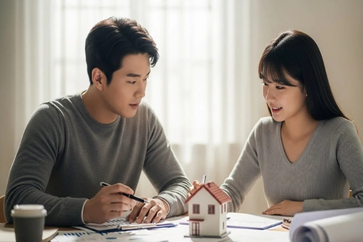 집 모델과 금융 서류를 보며 미래를 계획하는 부부