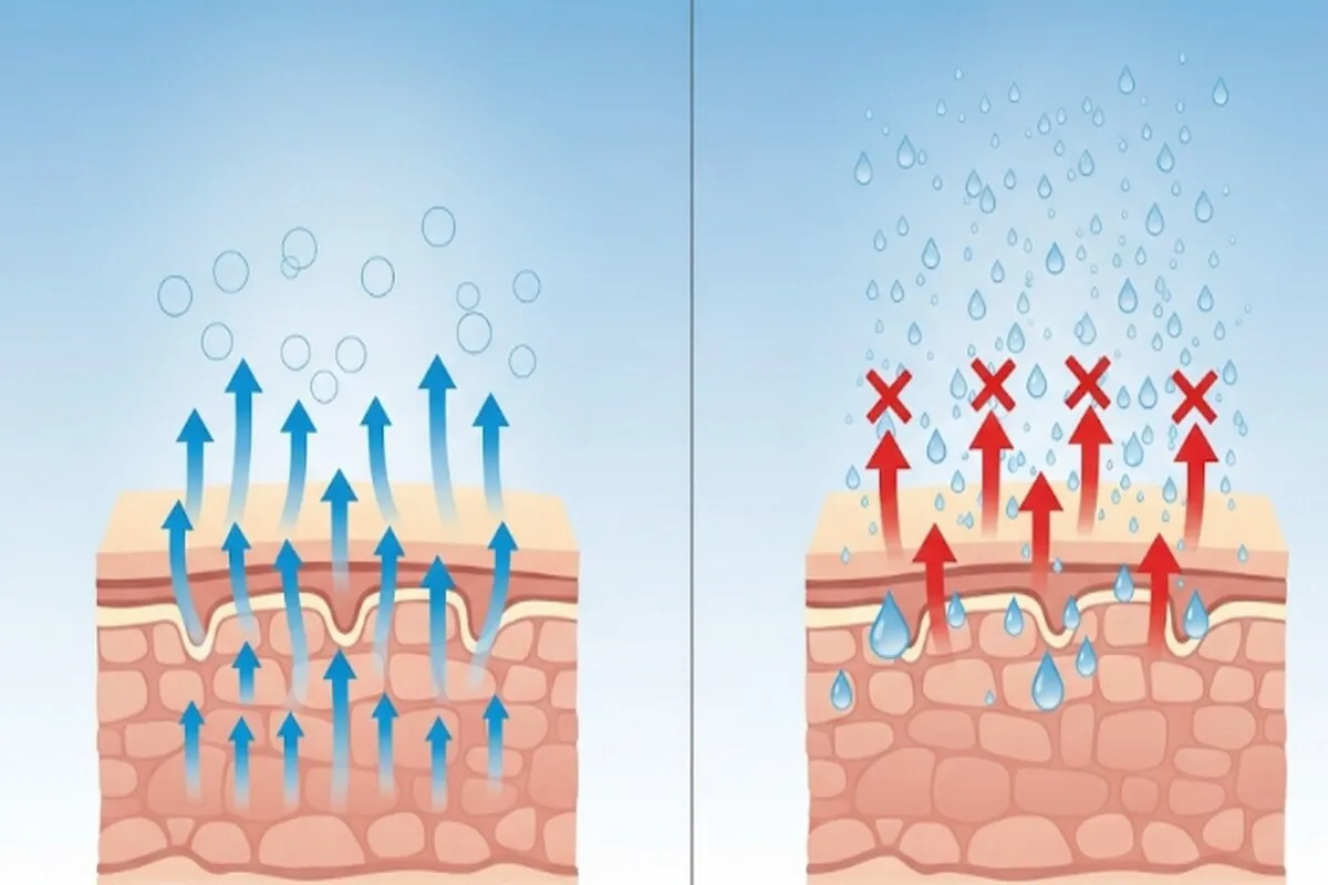 낮은 습도와 높은 습도 환경에서 땀 증발 원리를 비교하는 과학 인포그래픽
