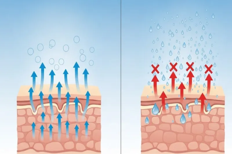 낮은 습도와 높은 습도 환경에서 땀 증발 원리를 비교하는 과학 인포그래픽