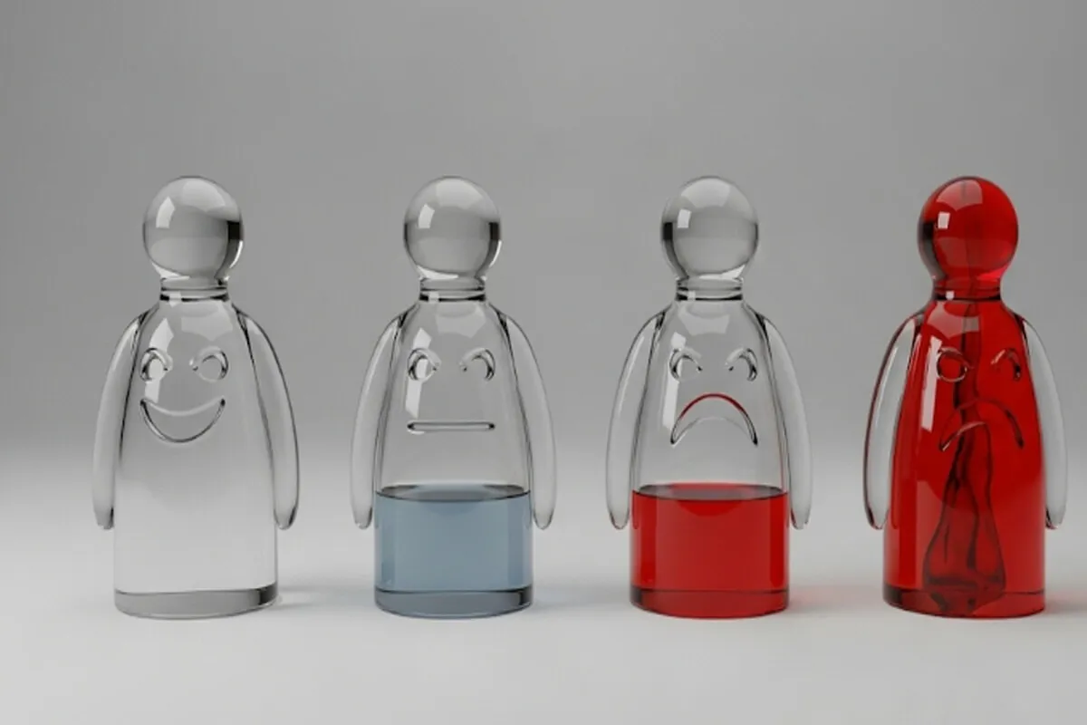 행복, 보통, 나쁨, 매우 나쁨의 네 단계 불쾌지수를 유리 인간 아이콘으로 표현