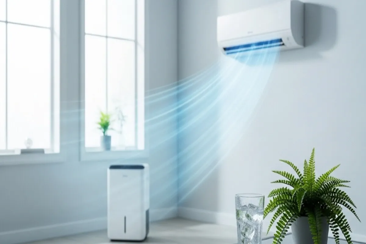 에어컨과 제습기로 쾌적한 습도가 유지되는 현대적이고 건강한 거실 공간