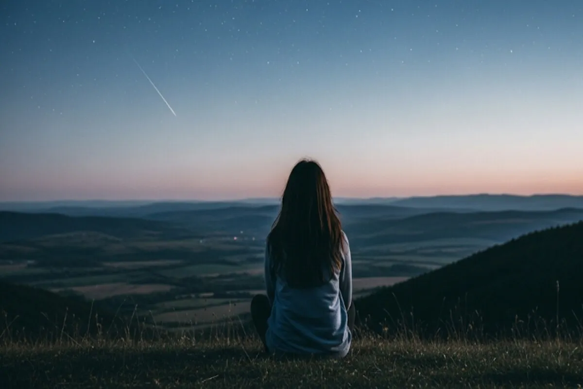 별이 빛나는 밤하늘 아래 언덕에 앉아 멀리 떨어지는 별똥별을 보며 소원을 비는 듯한 사람의 뒷모습 실루엣