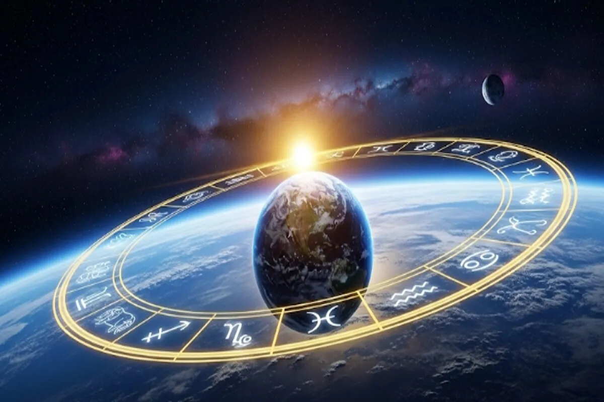 지구를 둘러싼 천구와 태양의 길인 황도를 따라 그려진 12개의 황도 12궁 별자리 심볼 일러스트