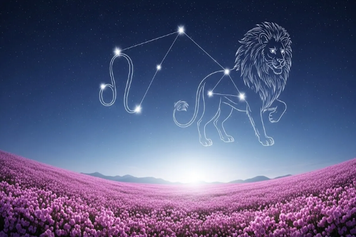 한국의 봄을 상징하는 벚꽃이 만개한 들판 위 밤하늘에 보이는 사자자리 별자리