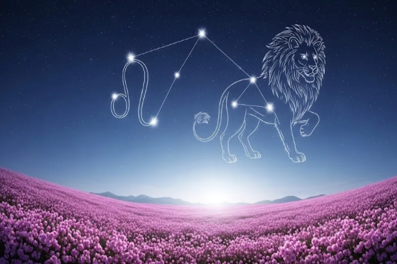 한국의 봄을 상징하는 벚꽃이 만개한 들판 위 밤하늘에 보이는 사자자리 별자리