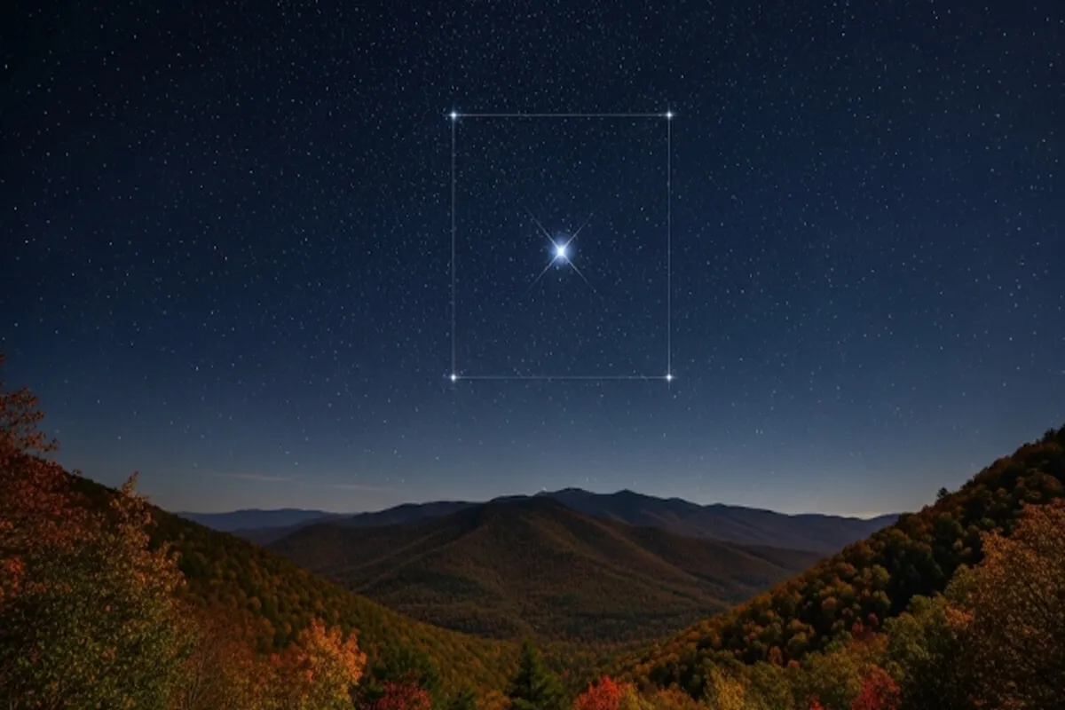 단풍으로 물든 산 위 가을 밤하늘에 뚜렷하게 보이는 페가수스 사각형