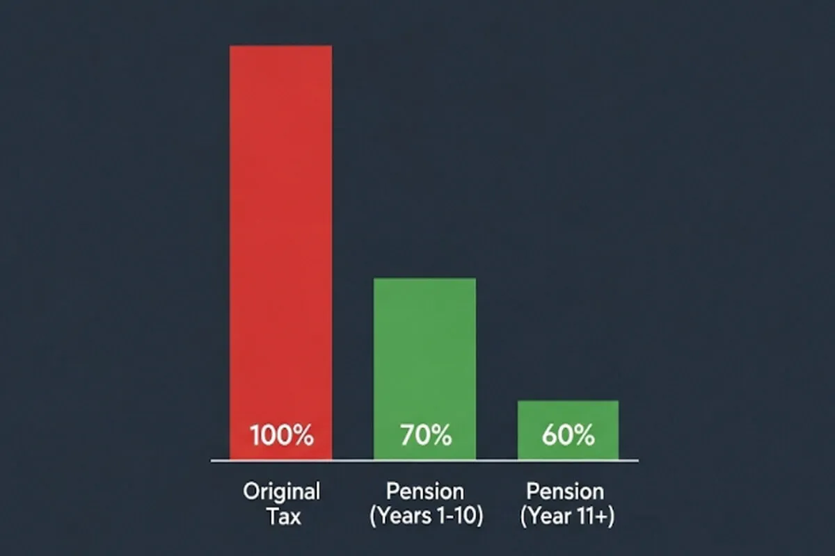 연금 수령 기간에 따라 퇴직소득세가 30%에서 40%까지 감면되는 혜택을 보여주는 막대그래프