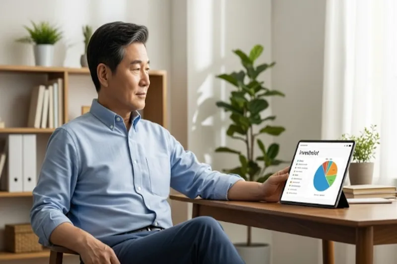 태블릿으로 자신의 다양한 IRP 투자 포트폴리오를 확인하며 안정적인 노후를 계획하는 50대 남성